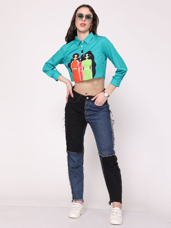 Three Girlie's Crop Shirt (Aqua Green)