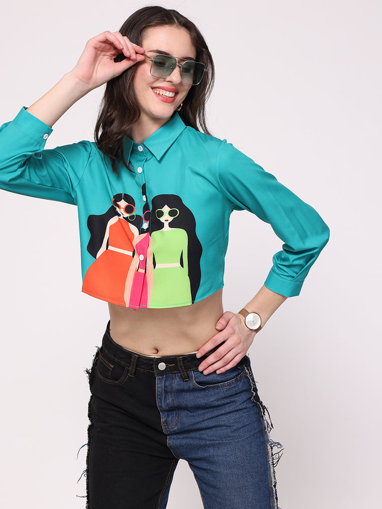 Three Girlie's Crop Shirt (Aqua Green)