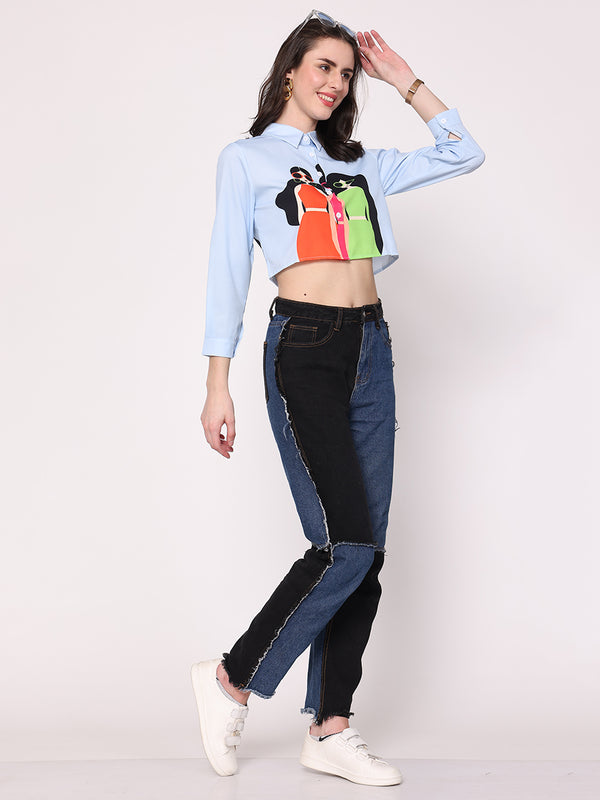 Three Girlie's Crop Shirt (Sky Blue)