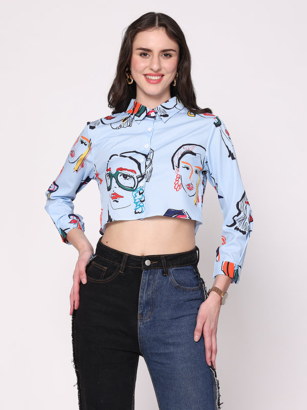 Draw Faces Crop Shirt (Sky Blue)