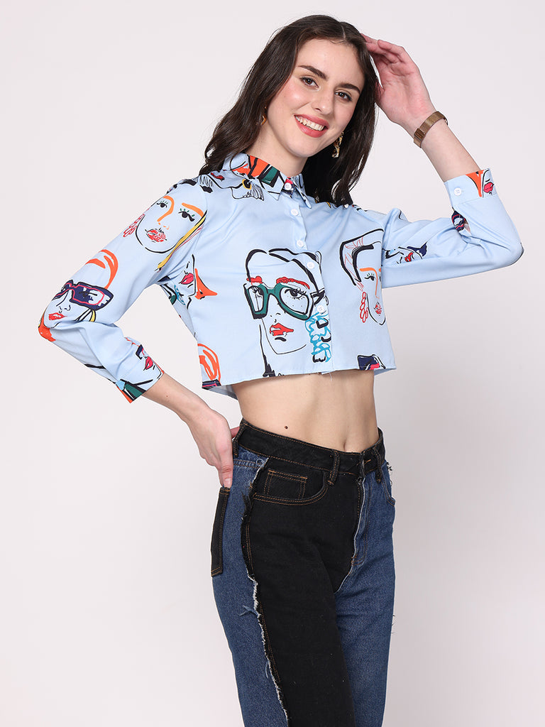 Draw Faces Crop Shirt (Sky Blue)