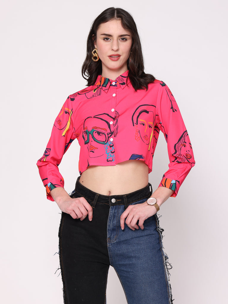 Draw Faces Crop Shirt ( Hot Pink)