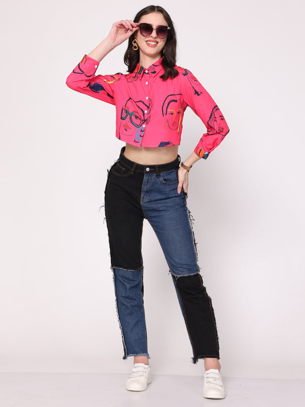 Draw Faces Crop Shirt ( Hot Pink)