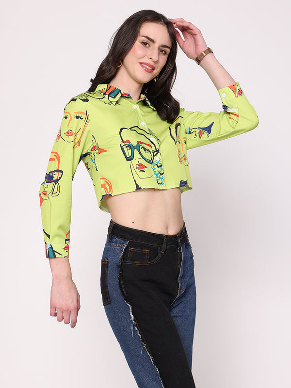 Draw Faces Crop Shirt ( Parrot Green)