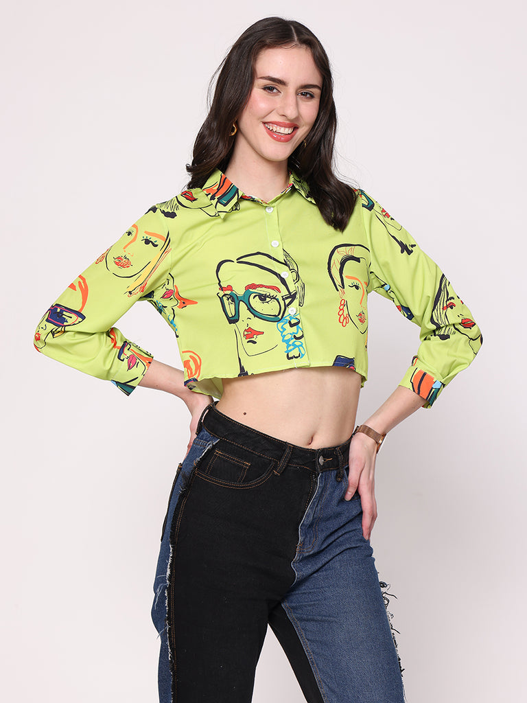 Draw Faces Crop Shirt ( Parrot Green)