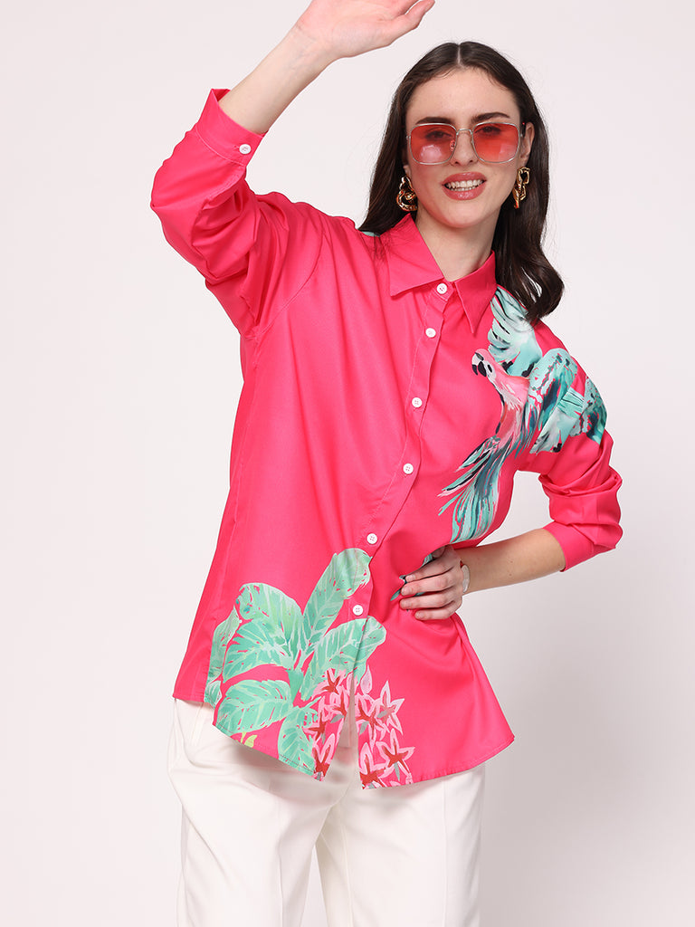 Macaw Parrot Printed Shirt (Hot Pink)