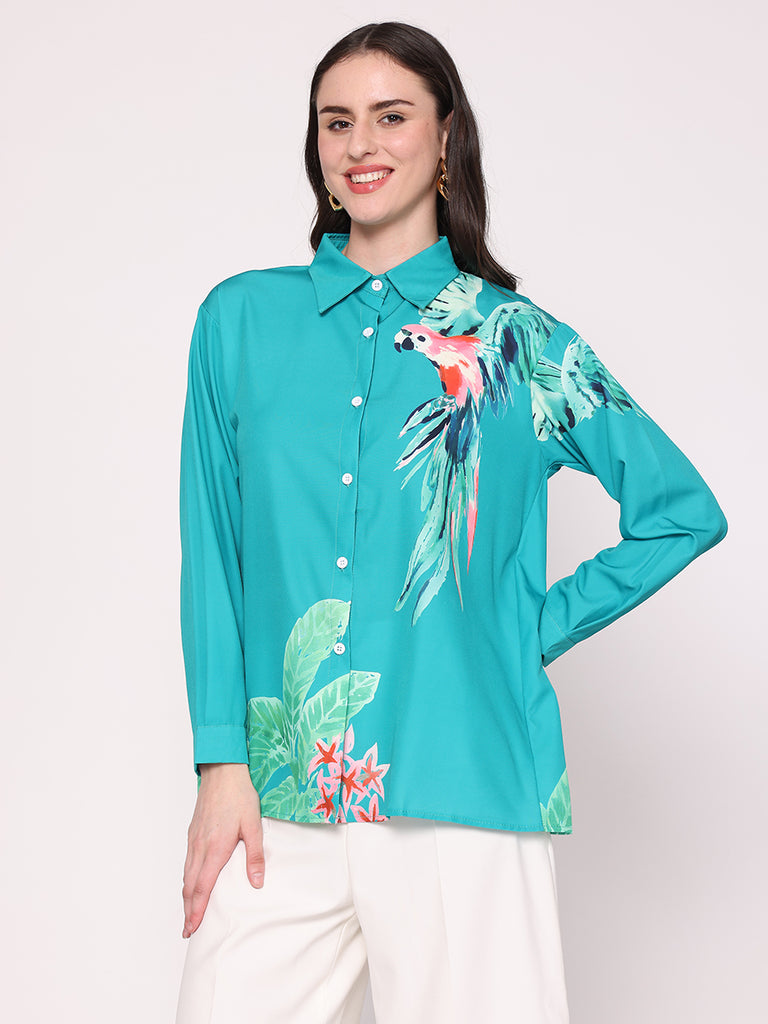 Macaw Parrot Printed Shirt (Aqua Green)