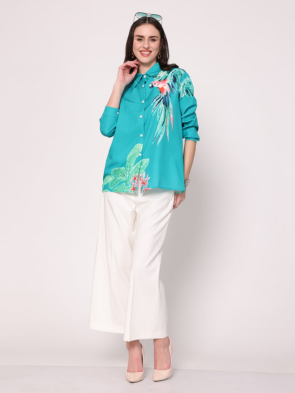 Macaw Parrot Printed Shirt (Aqua Green)