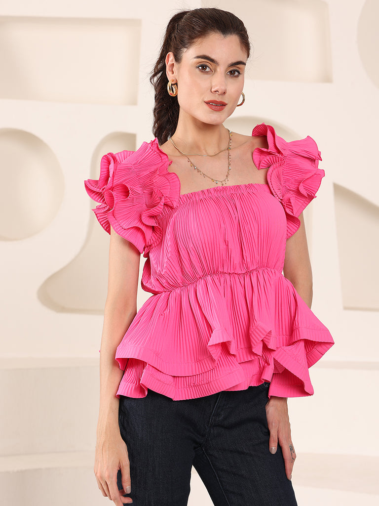 Solid Coloured Floral Korean Frills Top (Hot Pink)