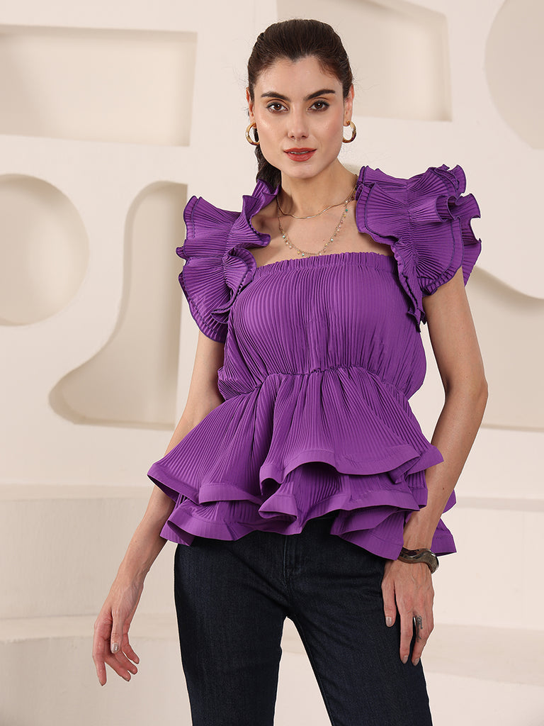 Solid Coloured Floral Korean Frills Top (Purple)