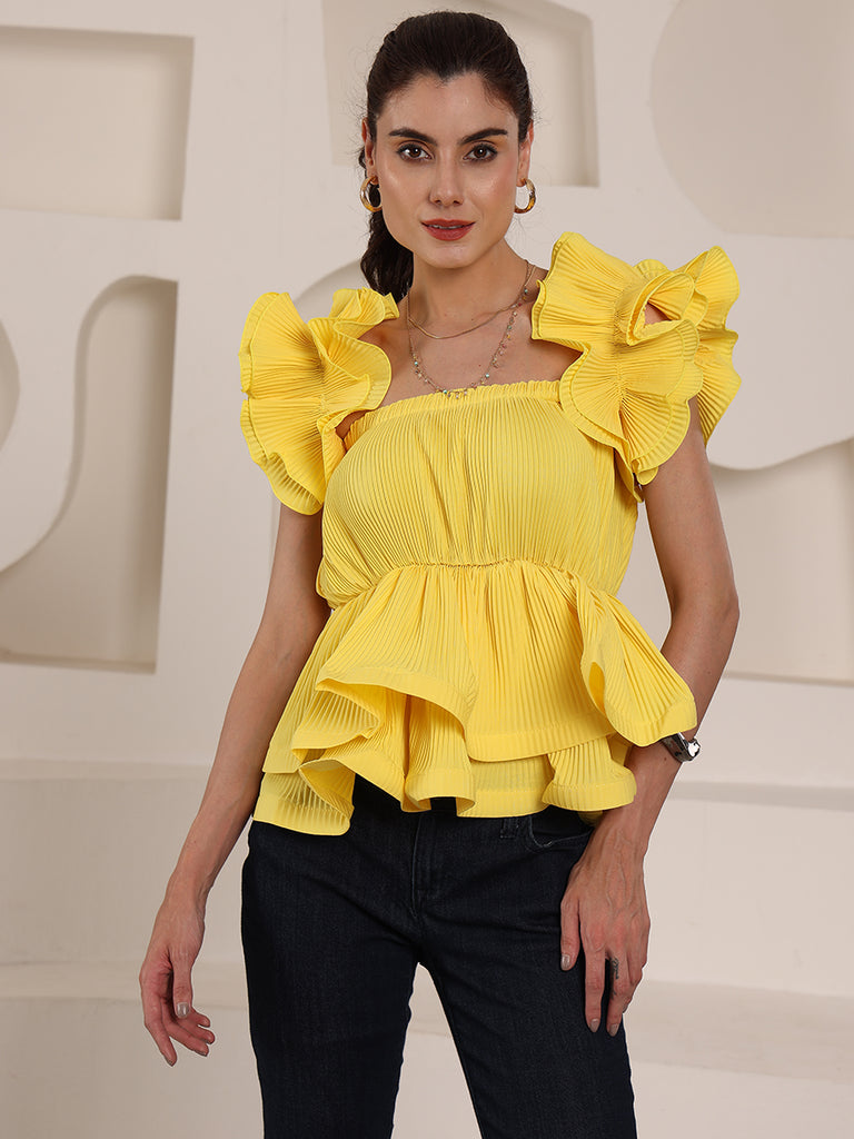 Solid Coloured Floral Korean Frills Top (Yellow)