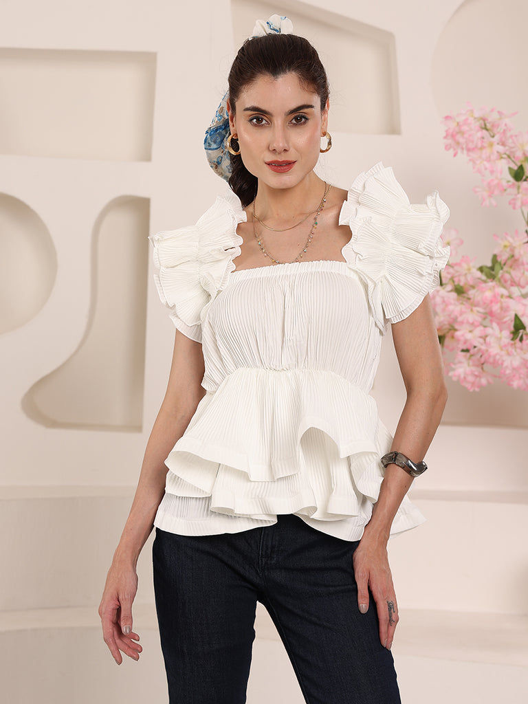 Solid Coloured Floral Korean Frills Top (White)