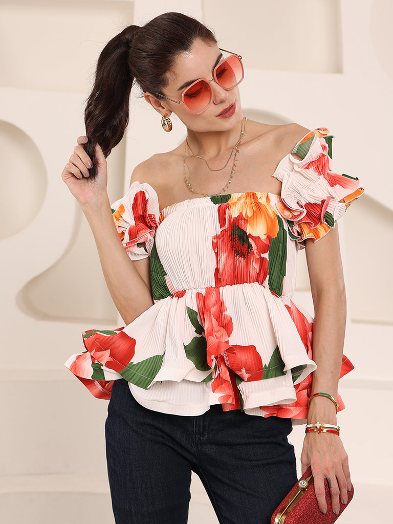 Printed Floral Korean Frills Top (White)