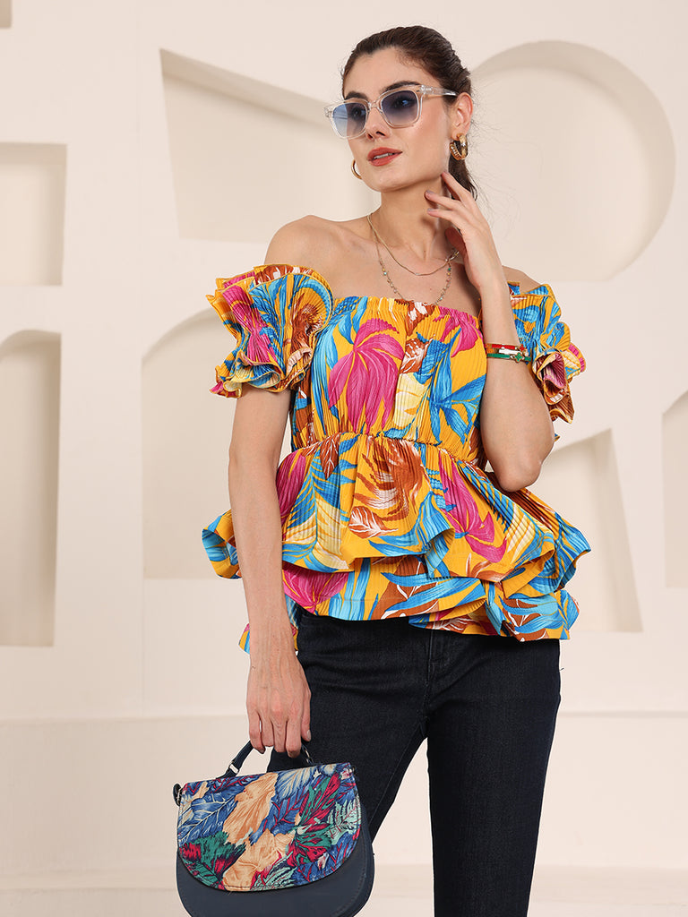 Printed Floral Korean Frills Top (Deep Yellow)