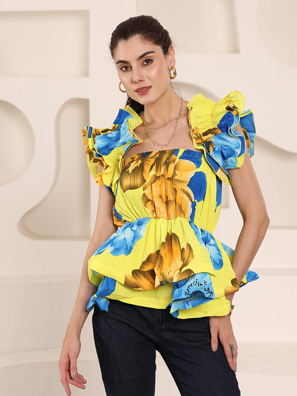 Printed Floral Korean Frills Top (Yellow)