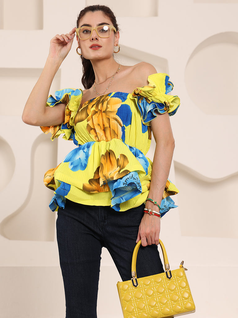 Printed Floral Korean Frills Top (Yellow)