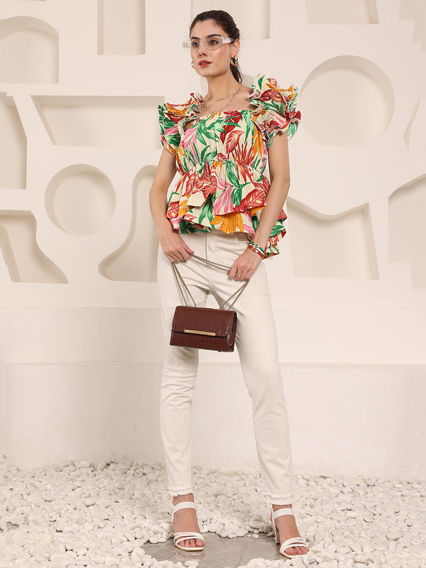 Printed Floral Korean Frills Top (Cream)