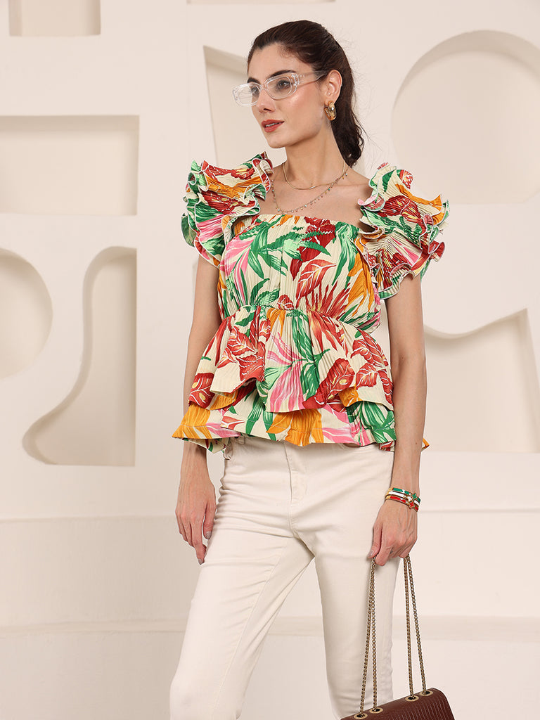 Printed Floral Korean Frills Top (Cream)