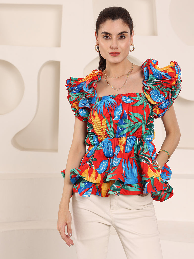 Printed Floral Korean Frills Top (Red)