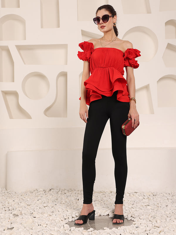 Solid Coloured Floral Korean Frills Top (Red)