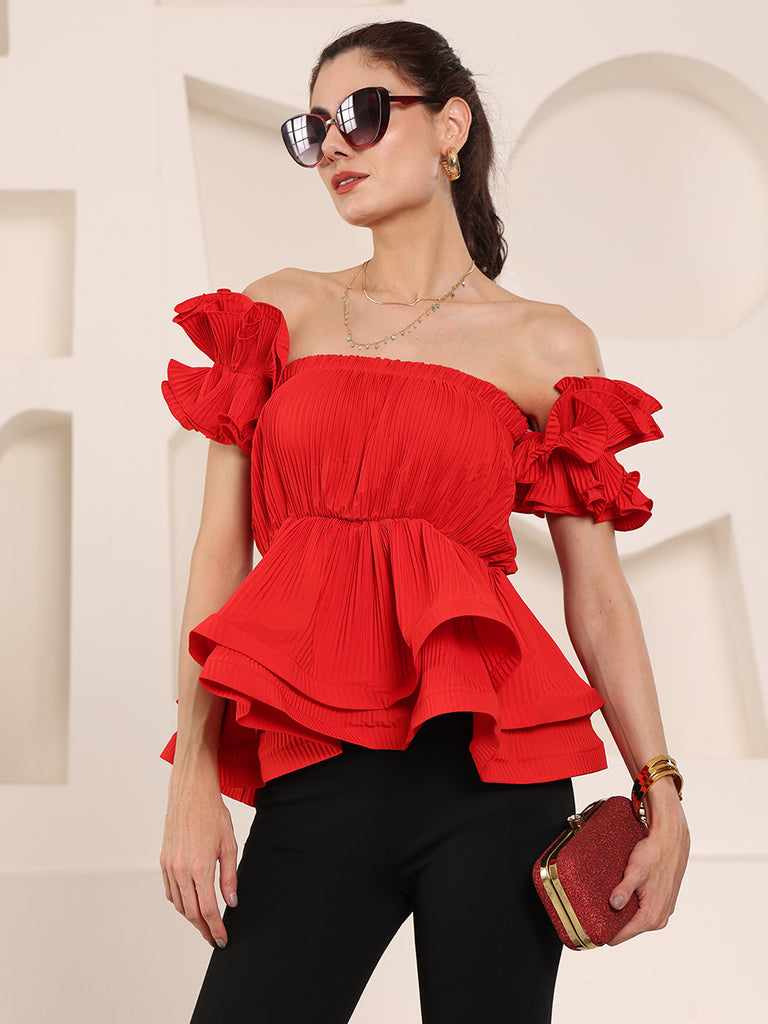 Solid Coloured Floral Korean Frills Top (Red)