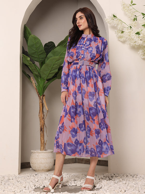 Floral Sheer Crepe Printed Dress with Belt (Purple)