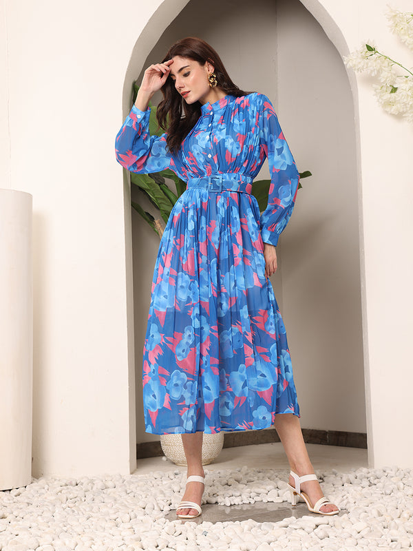 Floral Sheer Crepe Printed Dress with Belt (Blue)