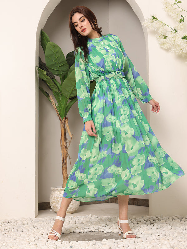 Floral Sheer Crepe Printed Dress with Belt (Green)