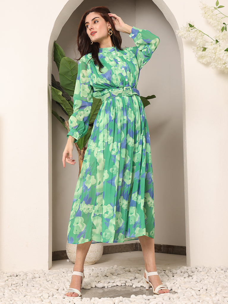 Floral Sheer Crepe Printed Dress with Belt (Green)