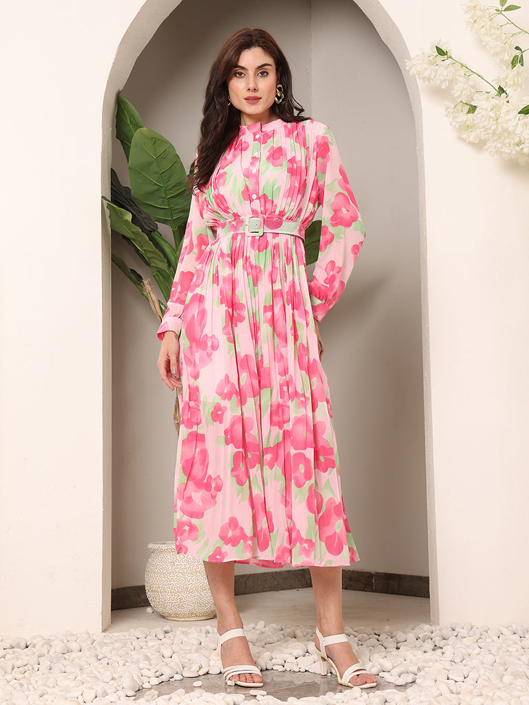 Floral Sheer Crepe Printed Dress with Belt (Pink Hues)