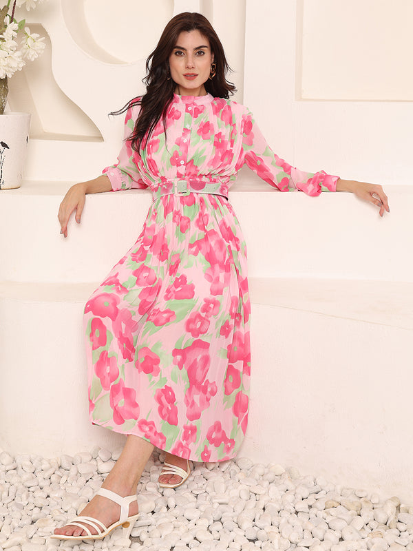 Floral Sheer Crepe Printed Dress with Belt (Pink Hues)