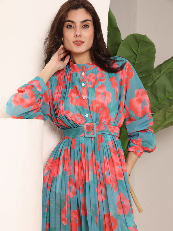 Floral Sheer Crepe Printed Dress with Belt (Cyan)