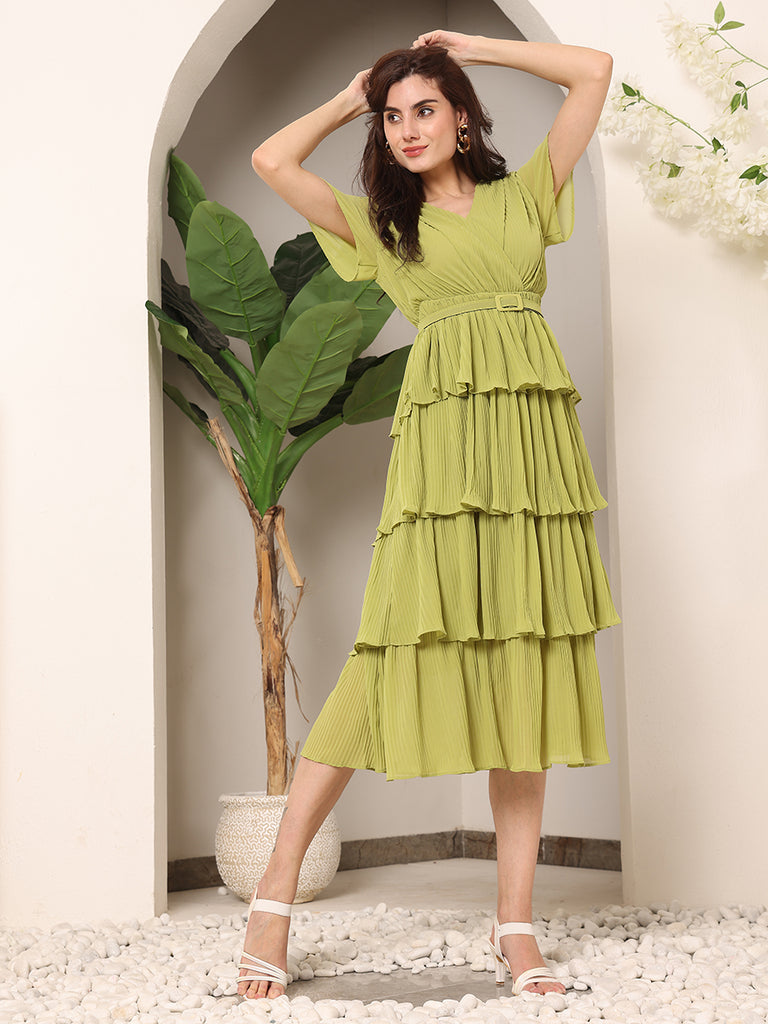 Summery Frills Sheer crepe Solid Dress with Belt (Green)