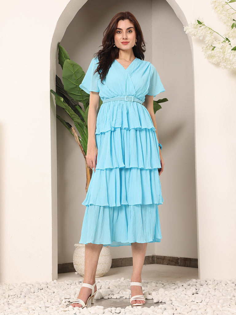 Summery Frills Sheer crepe Solid Dress with Belt