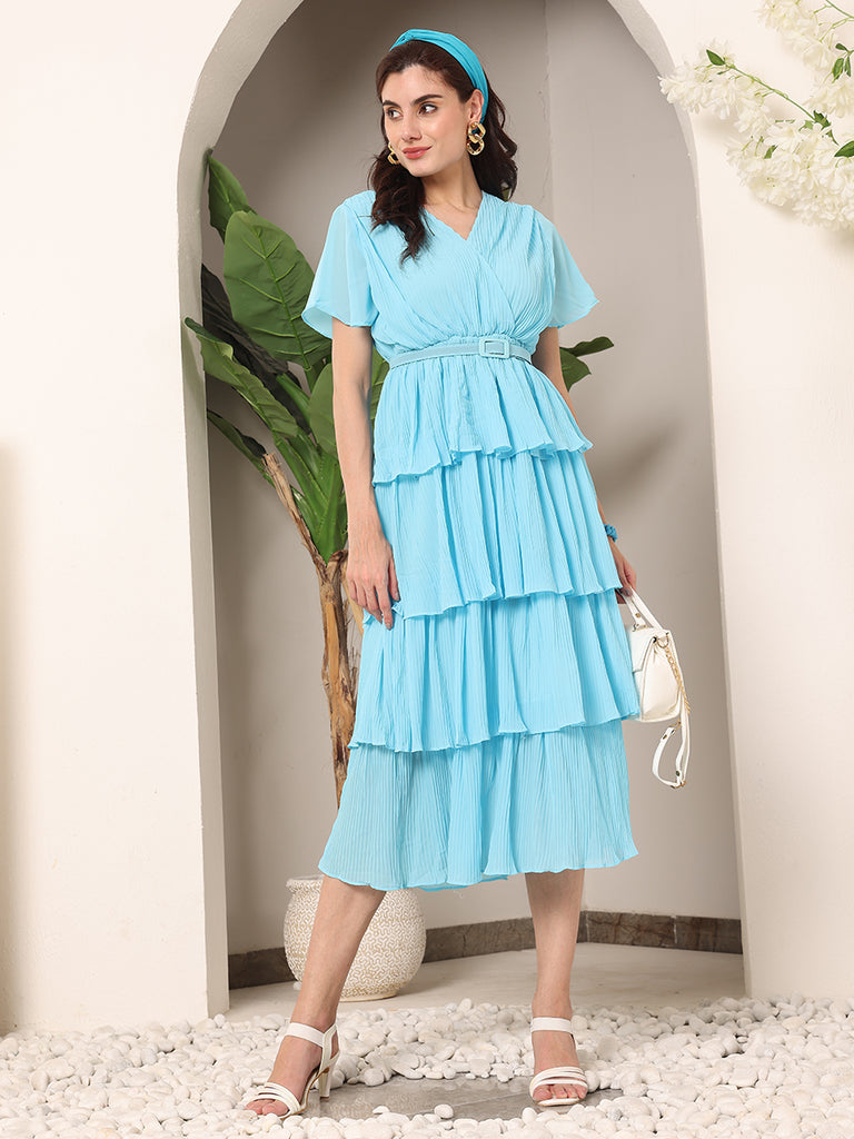 Summery Frills Sheer crepe Solid Dress with Belt (Sky Blue)