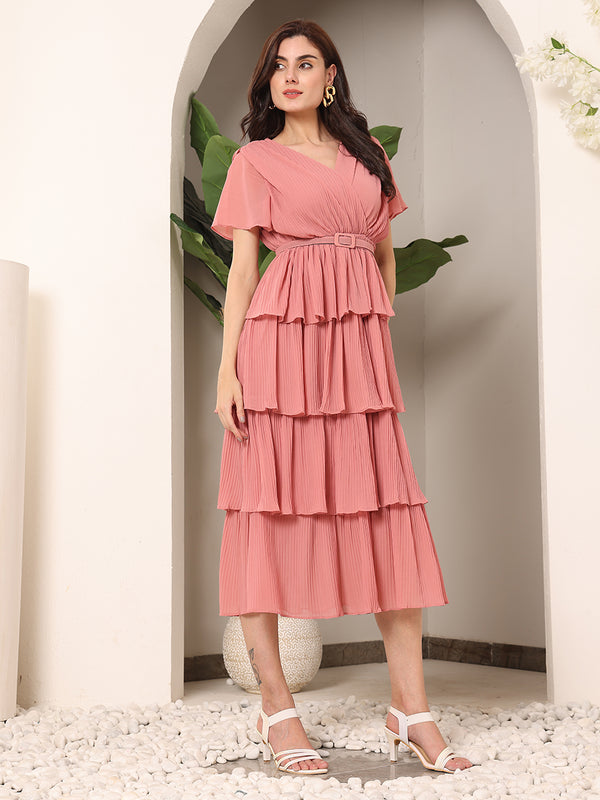 Summery Frills Sheer crepe Solid Dress with Belt (Peach)