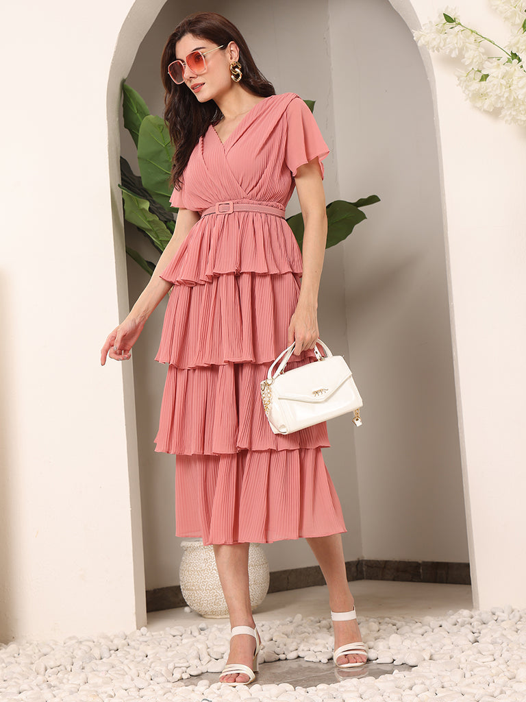 Summery Frills Sheer crepe Solid Dress with Belt (Peach)