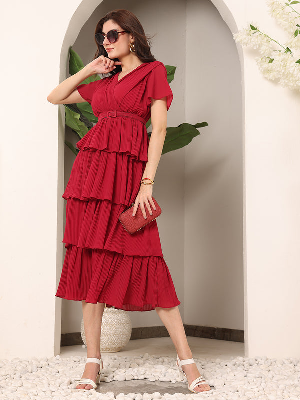 Summery Frills Sheer crepe Solid Dress with Belt (Red)