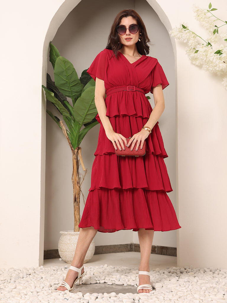 Summery Frills Sheer crepe Solid Dress with Belt (Red)