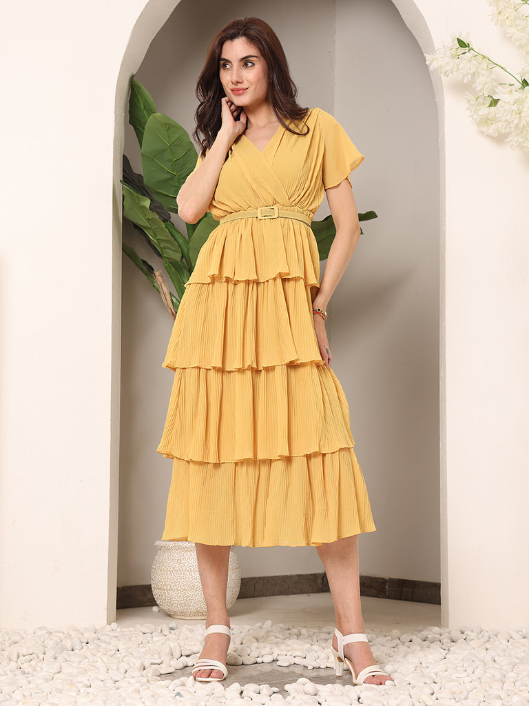 Summery Frills Sheer crepe Solid Dress with Belt