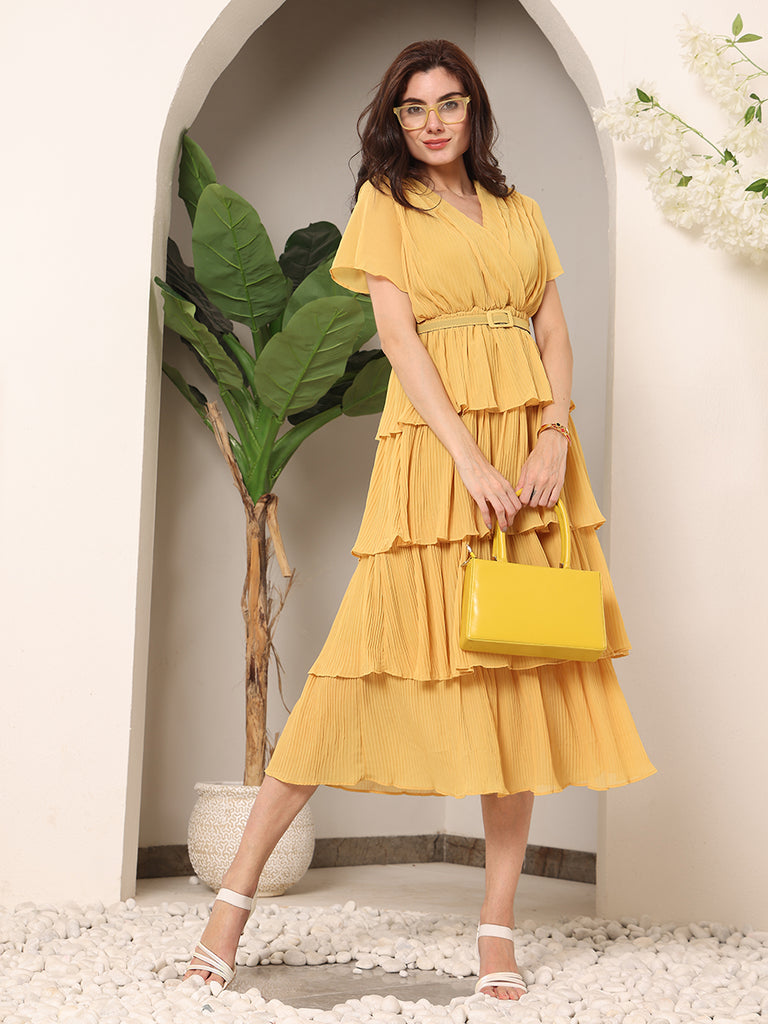 Summery Frills Sheer crepe Solid Dress with Belt (Yellow)