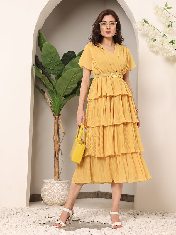 Summery Frills Sheer crepe Solid Dress with Belt (Yellow)