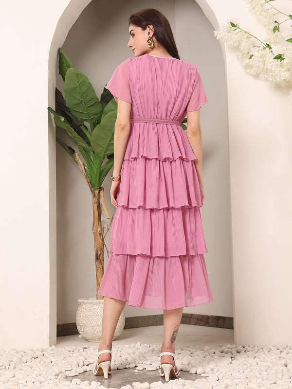 Summery Frills Sheer crepe Solid Dress with Belt (Pink)