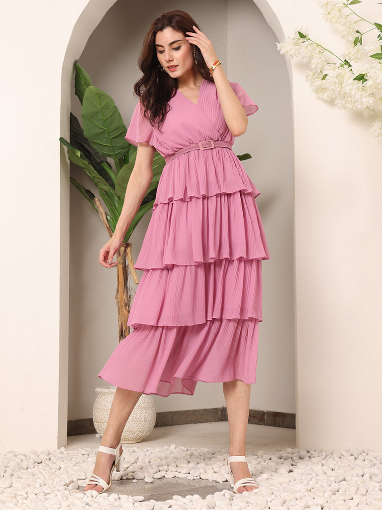 Summery Frills Sheer crepe Solid Dress with Belt (Pink)