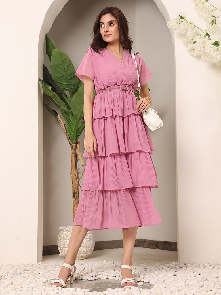 Summery Frills Sheer crepe Solid Dress with Belt