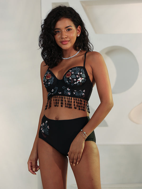 Black Bird Embroidery Lux Bikini Swimwear (3Pcs)