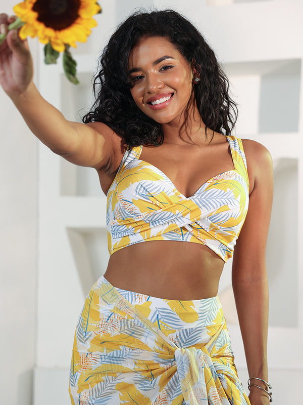 Yellow Leafy Express Sporty Bikini & Shorts Swimwear with Wrap(3Pcs)