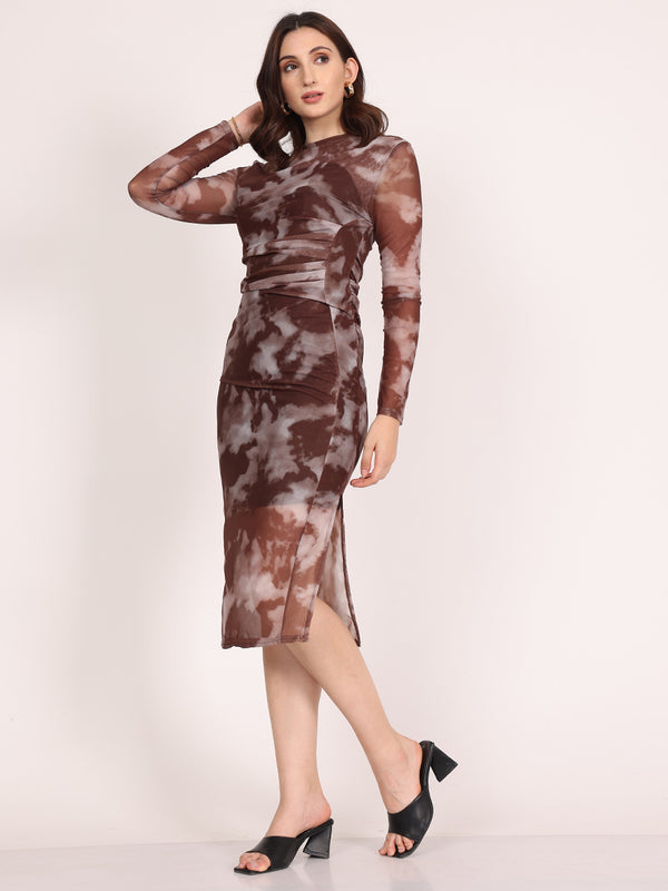 Novae Abstract Long Body-fit Dress (Brown)