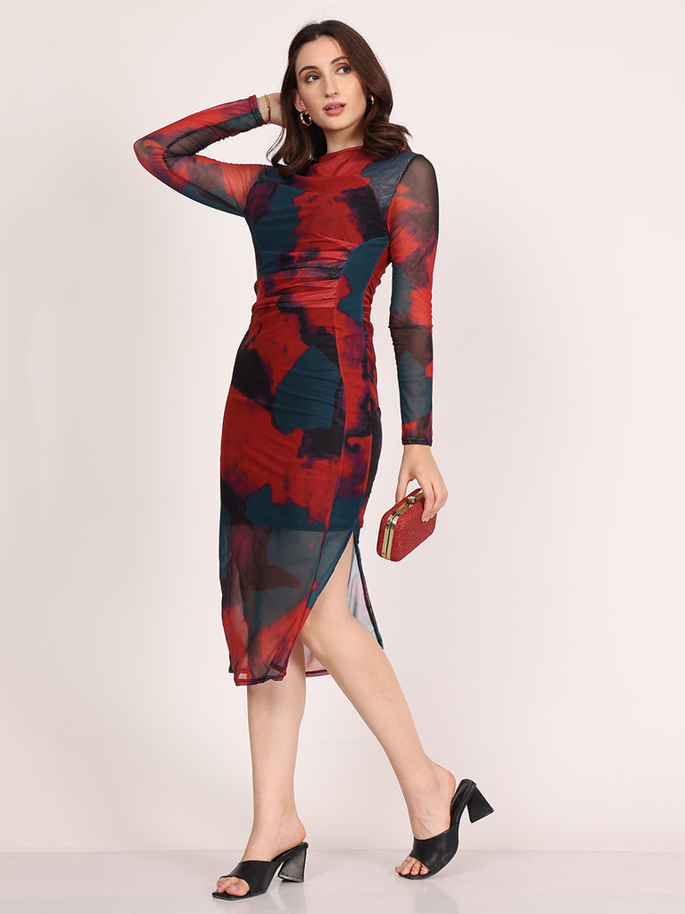 Novae Abstract Long Body-fit Dress (Red)