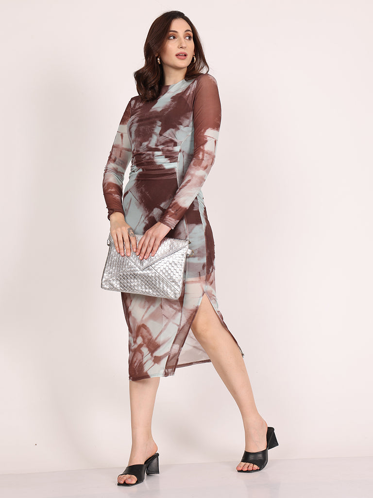 Novae Abstract Long Body-fit Dress (Cyan/Brown)